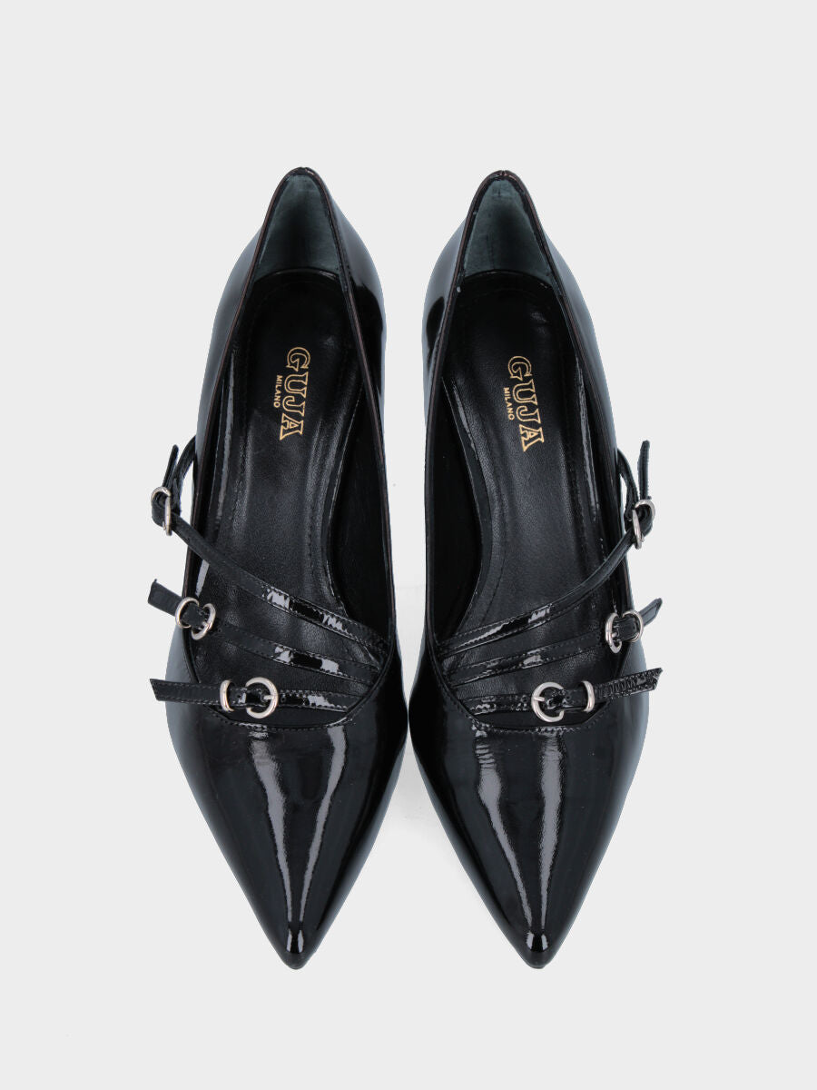 Pumps in shiny velvet black with three diagonal straps and chalice heel