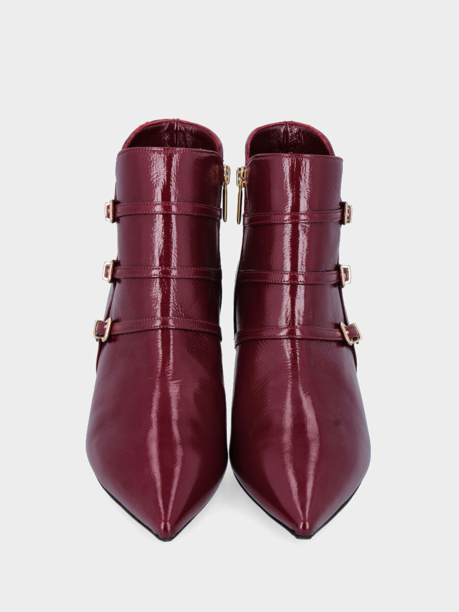 Burgundy shiny velvet ankle boot with chalice heel and straps