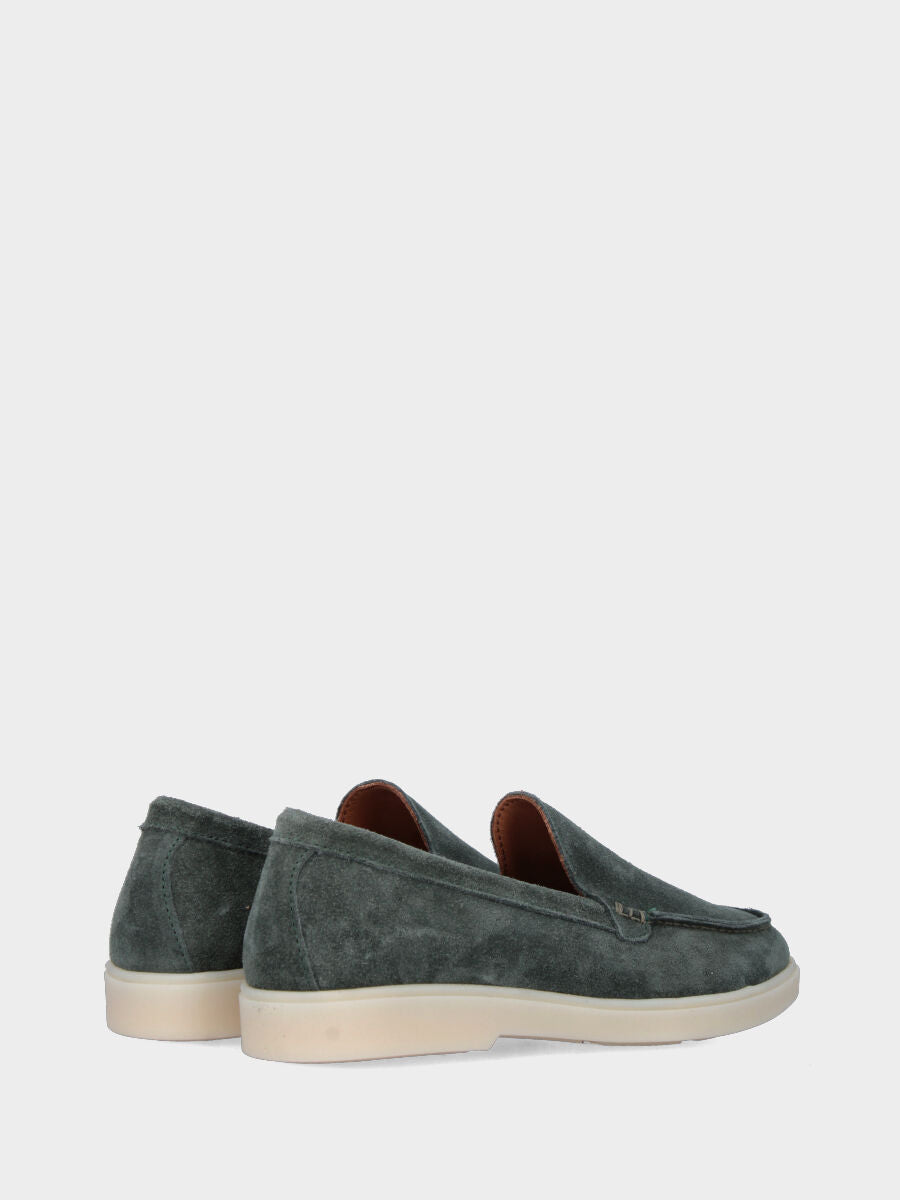 Forest green suede moccasin with stitched tray joint to the upper