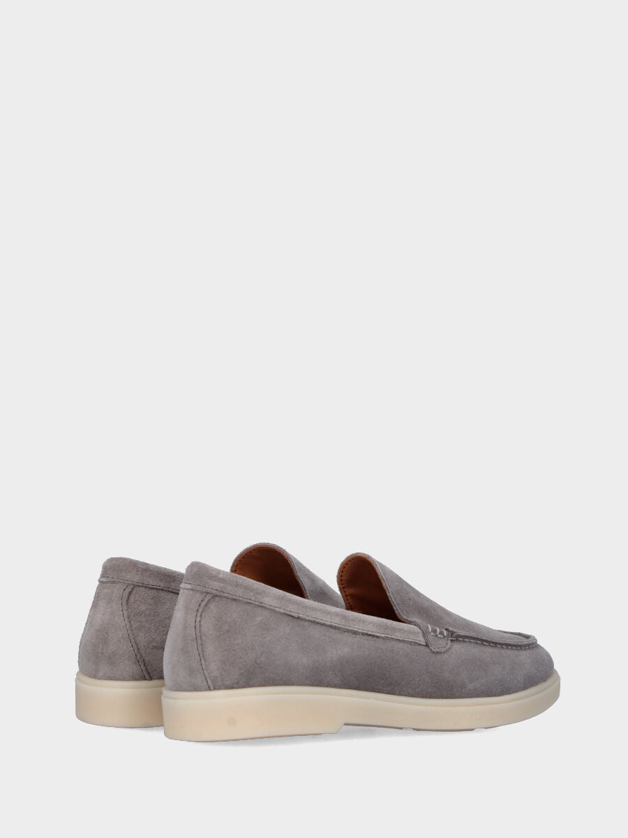 Gray suede moccasin with stitched tray joint to the upper