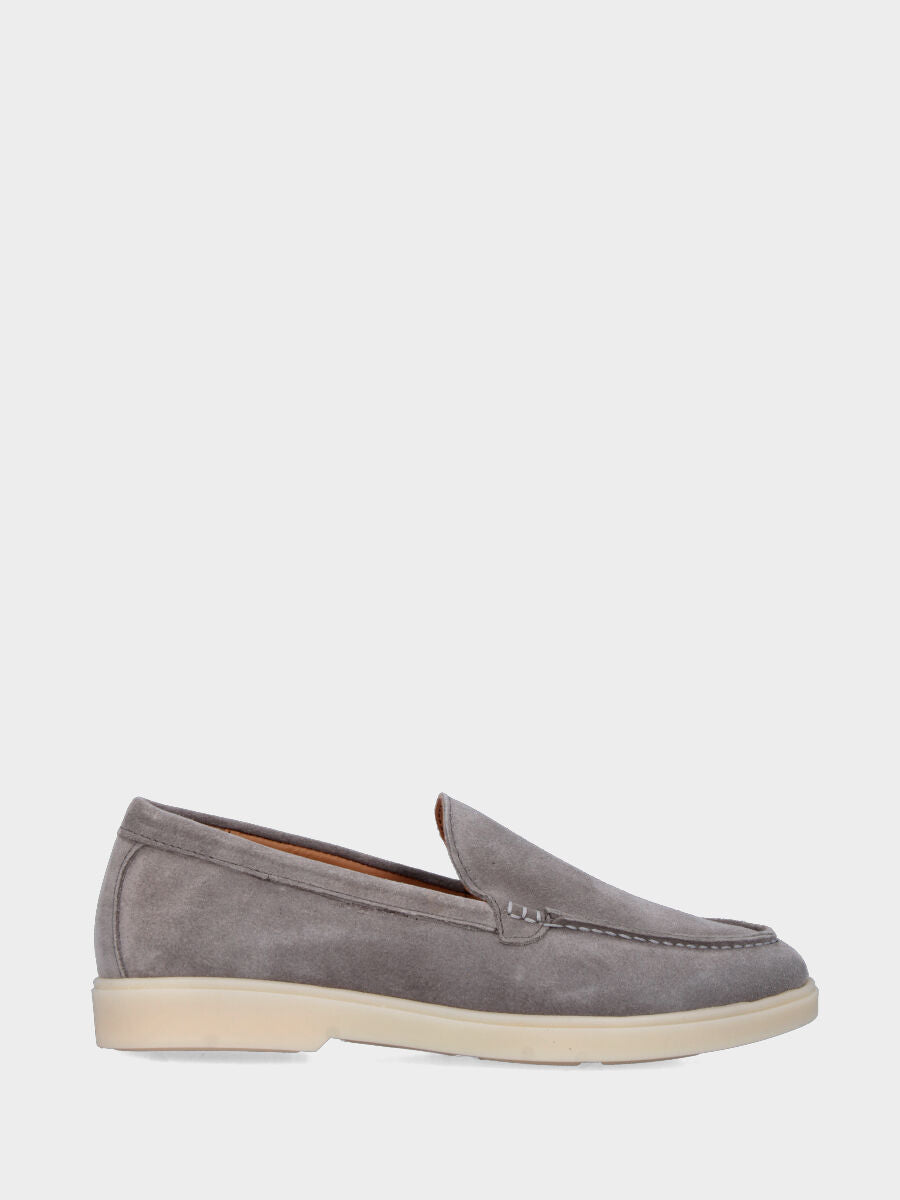 Gray suede moccasin with stitched tray joint to the upper