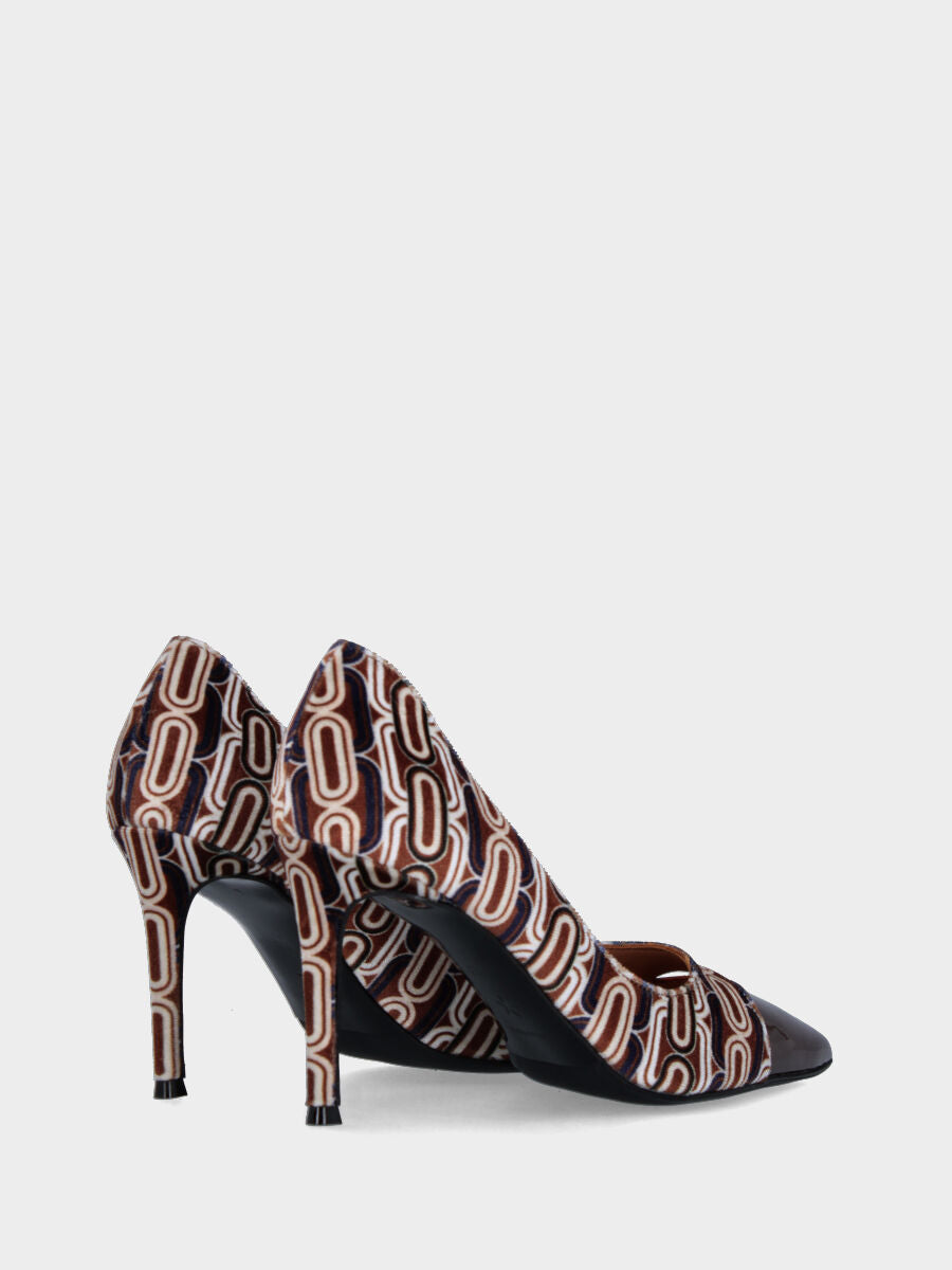 Escarpins en tissu fantaisie marron et bout en verni miroir