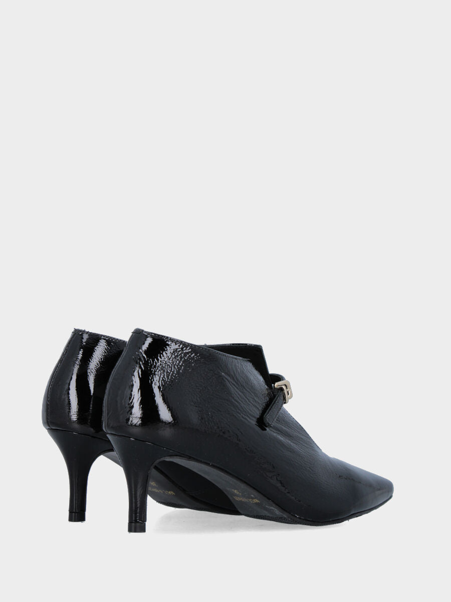 Black patent leather ankle boot with thin stiletto heel and strap