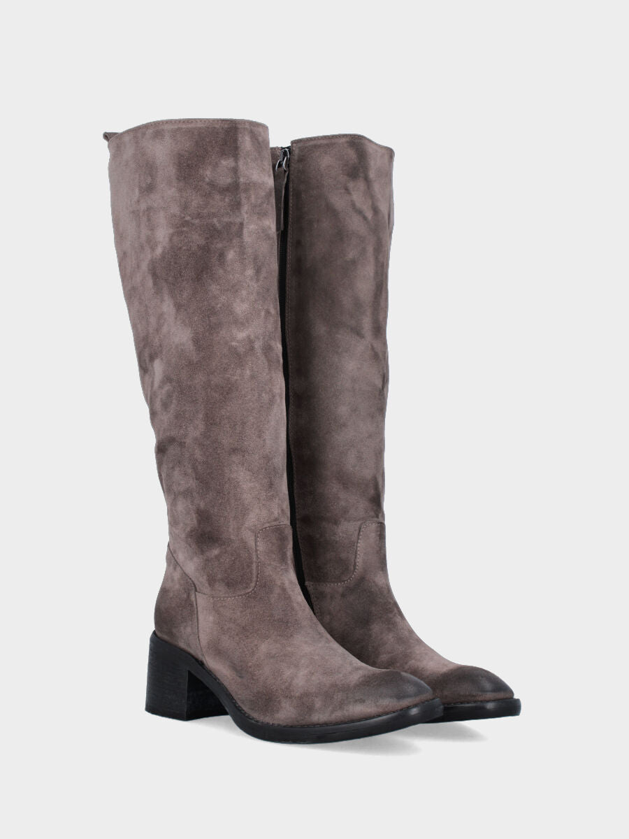 Taupe gray split leather boot with 50 mm heel and semi-tube shaft