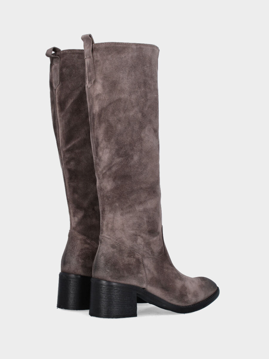 Taupe gray split leather boot with 50 mm heel and semi-tube shaft