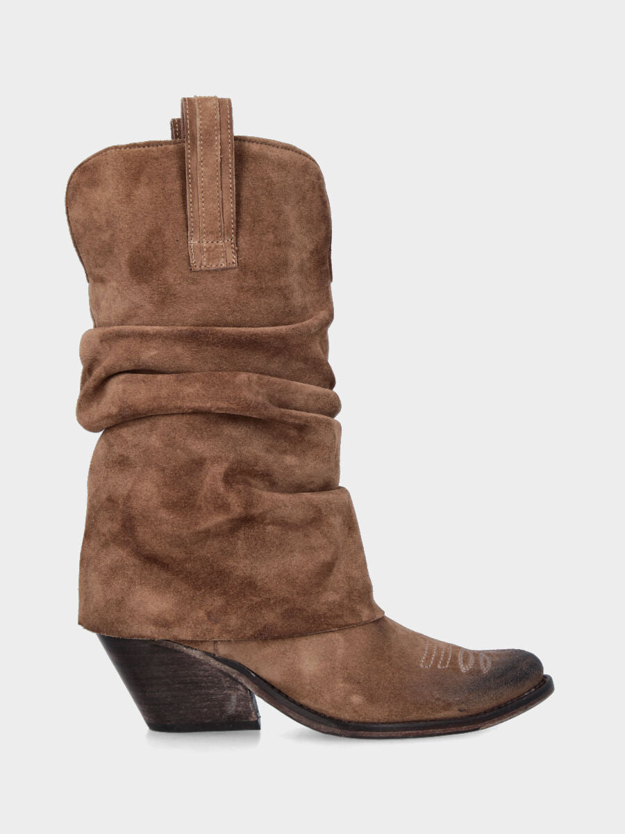 Bottes western en velours beige avec guêtre retournée et talon de 40 mm