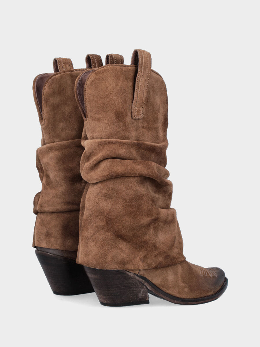Bottes western en velours beige avec guêtre retournée et talon de 40 mm
