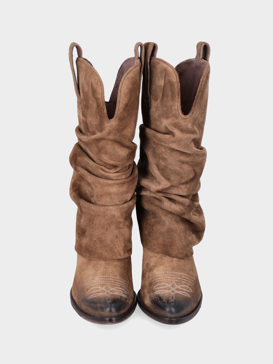 Bottes western en velours beige avec guêtre retournée et talon de 40 mm