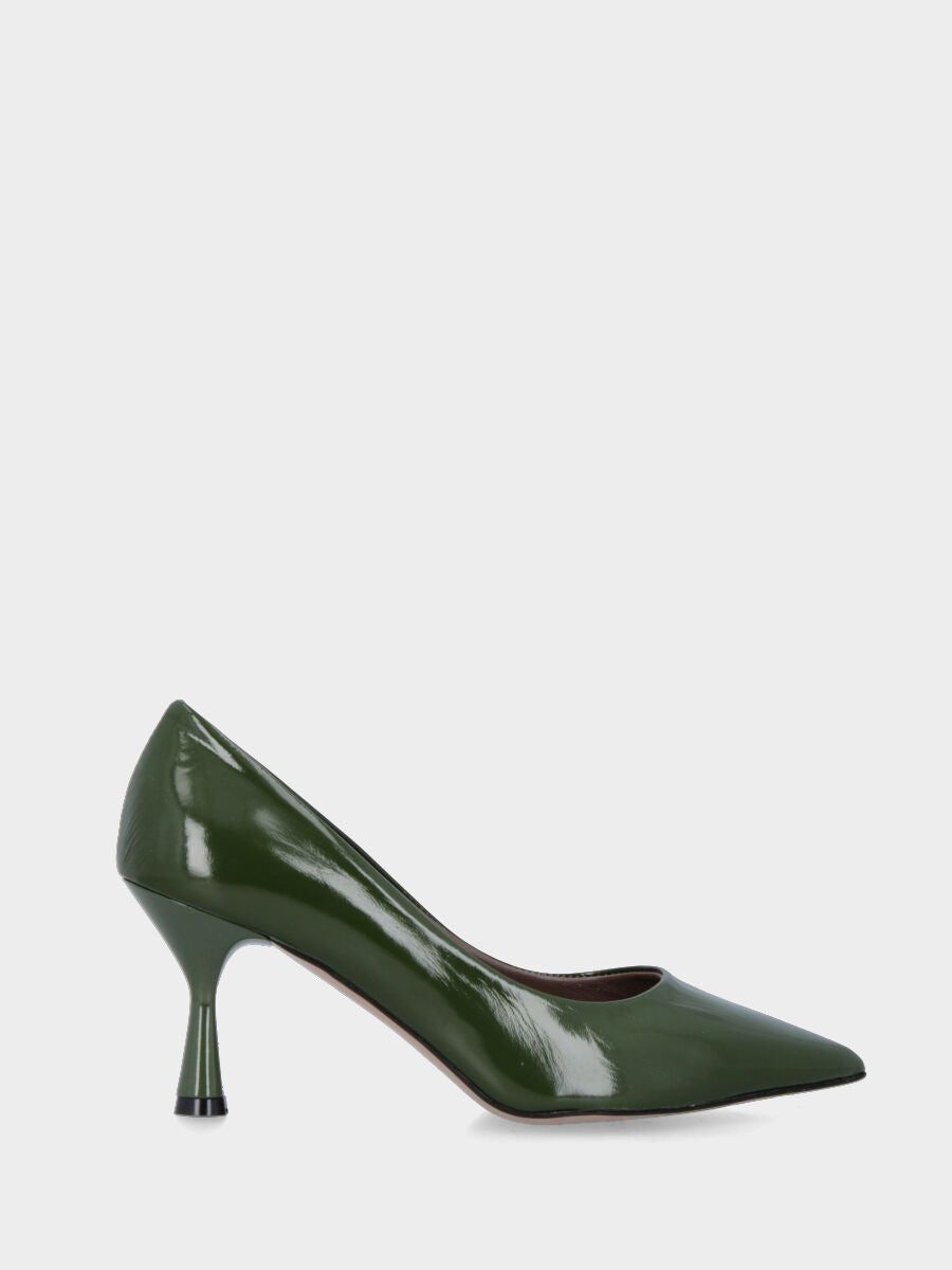 Escarpins en verni miroir vert avec encolure ronde et talon en forme de calice