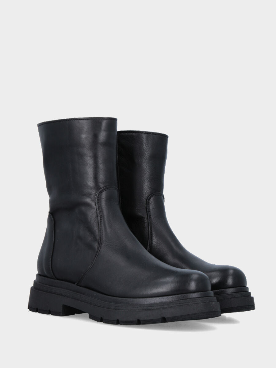 Black calf leather combat ankle boot with internal side zipper