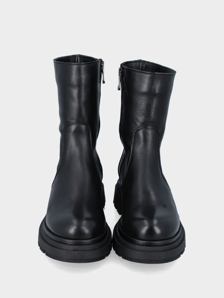 Black calf leather combat ankle boot with internal side zipper