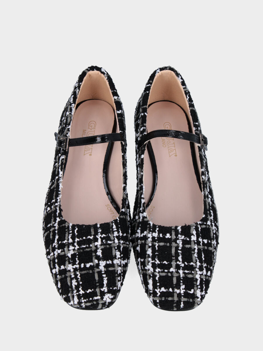 Ballerina Mary Jane in tessuto bouclé con cinturino e tacco 5 mm