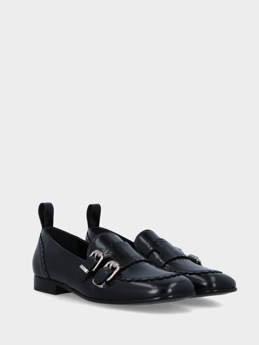 Mocassin en veau noir avec masque et doubles boucles
