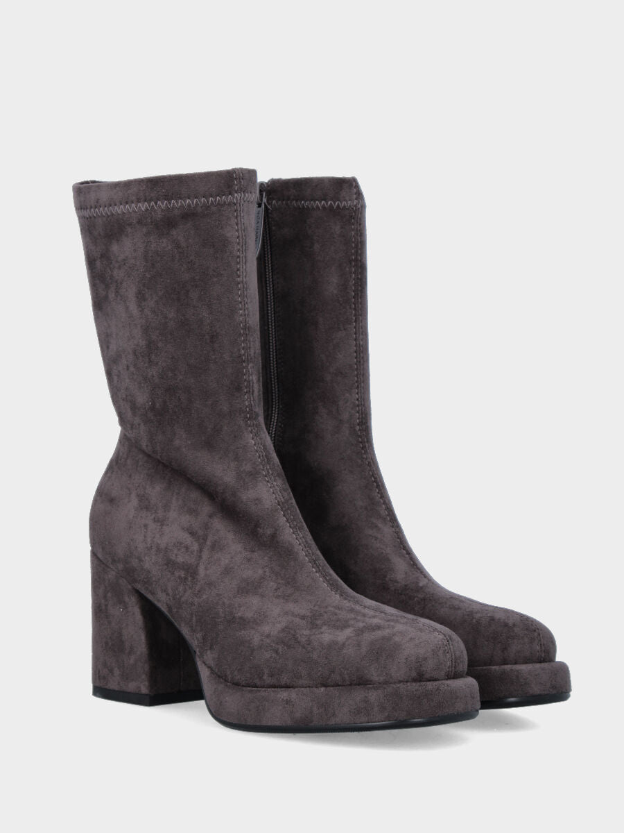 Stivaletto in tessuto grigio elasticizzato con tacco e plateau
