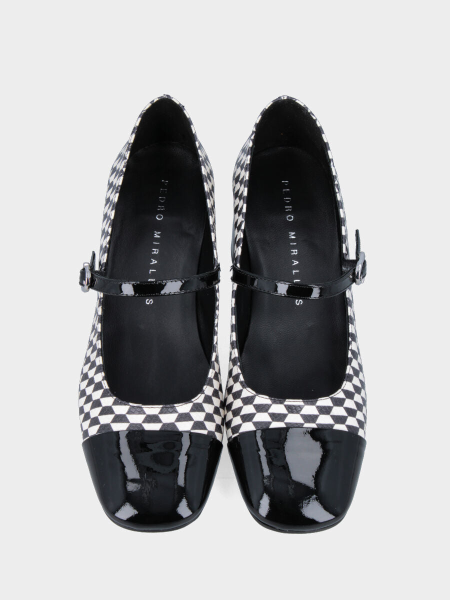 Mary Jane in vitello con fantasia esagonale bianca e nera