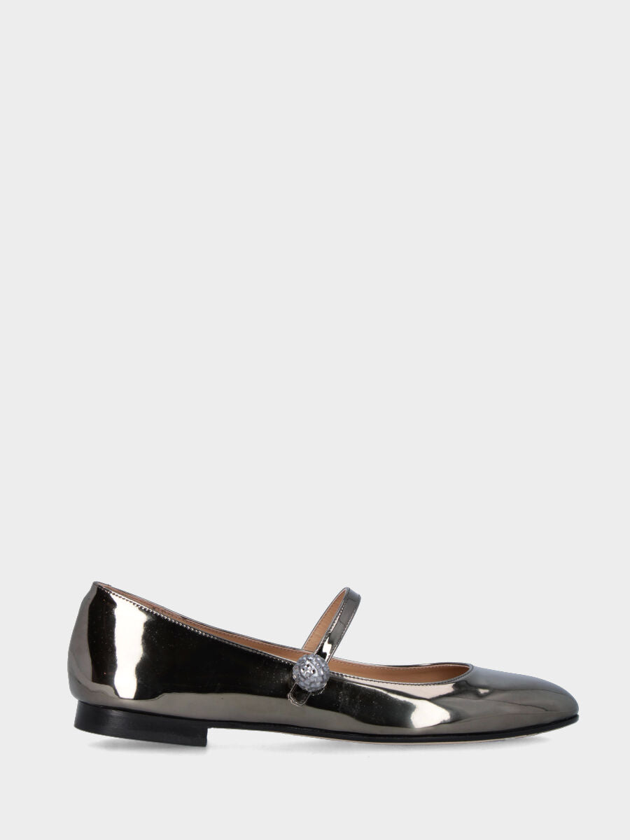 Ballerina Mary Jane in vernice argento e bottone con Swarovski