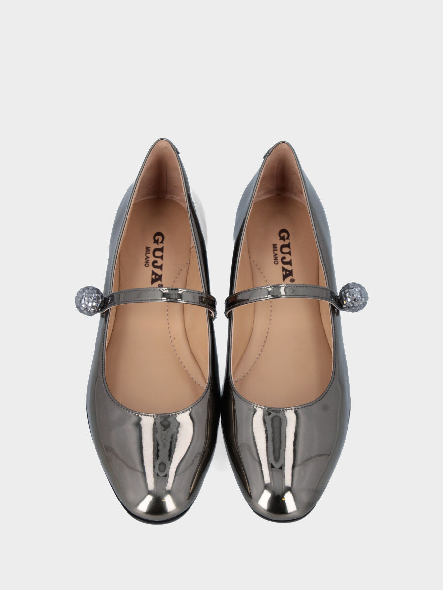 Ballerina Mary Jane in vernice argento e bottone con Swarovski