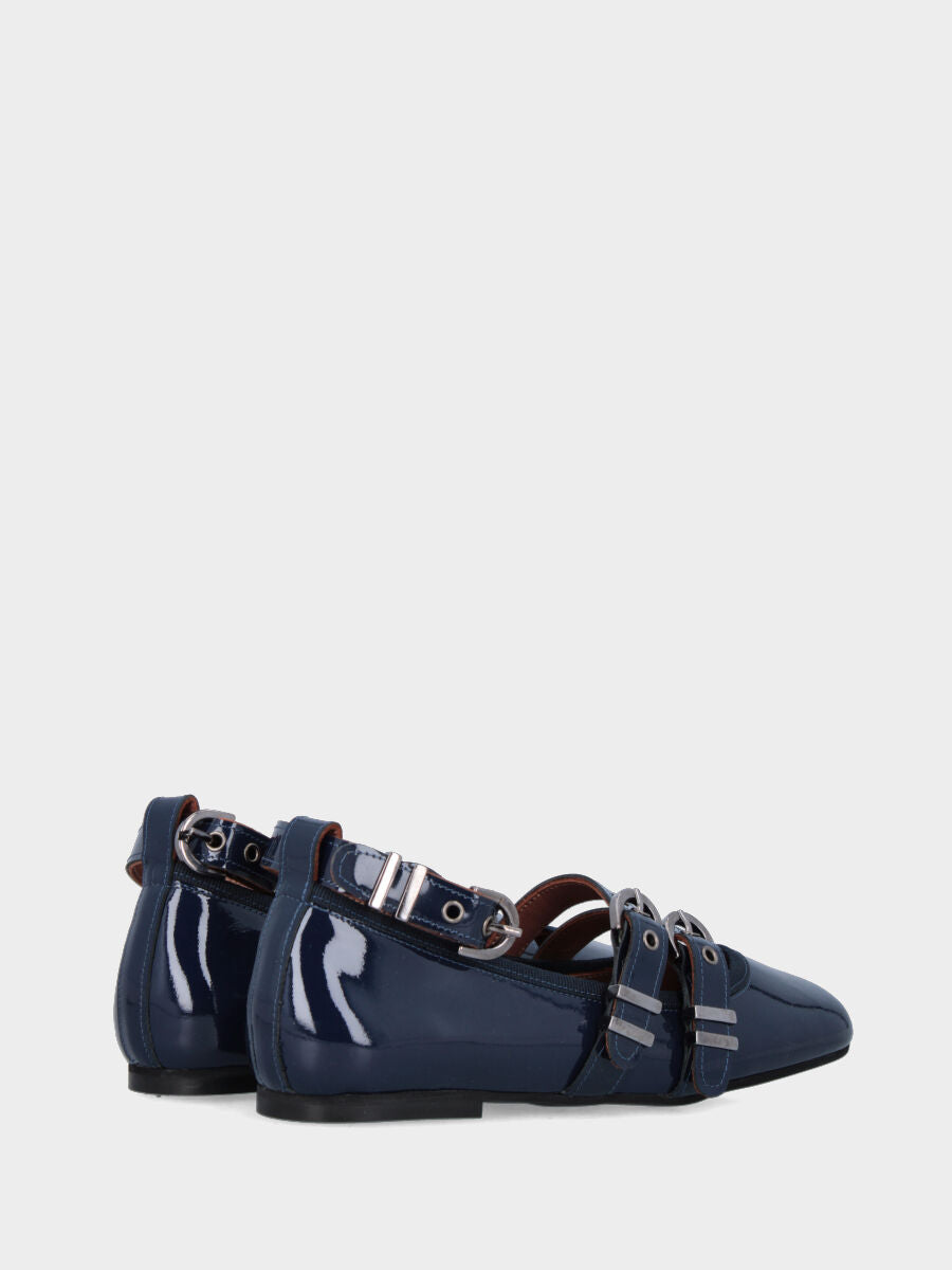 Ballerina in vernice blu con punta quadrata stondata e cinturini