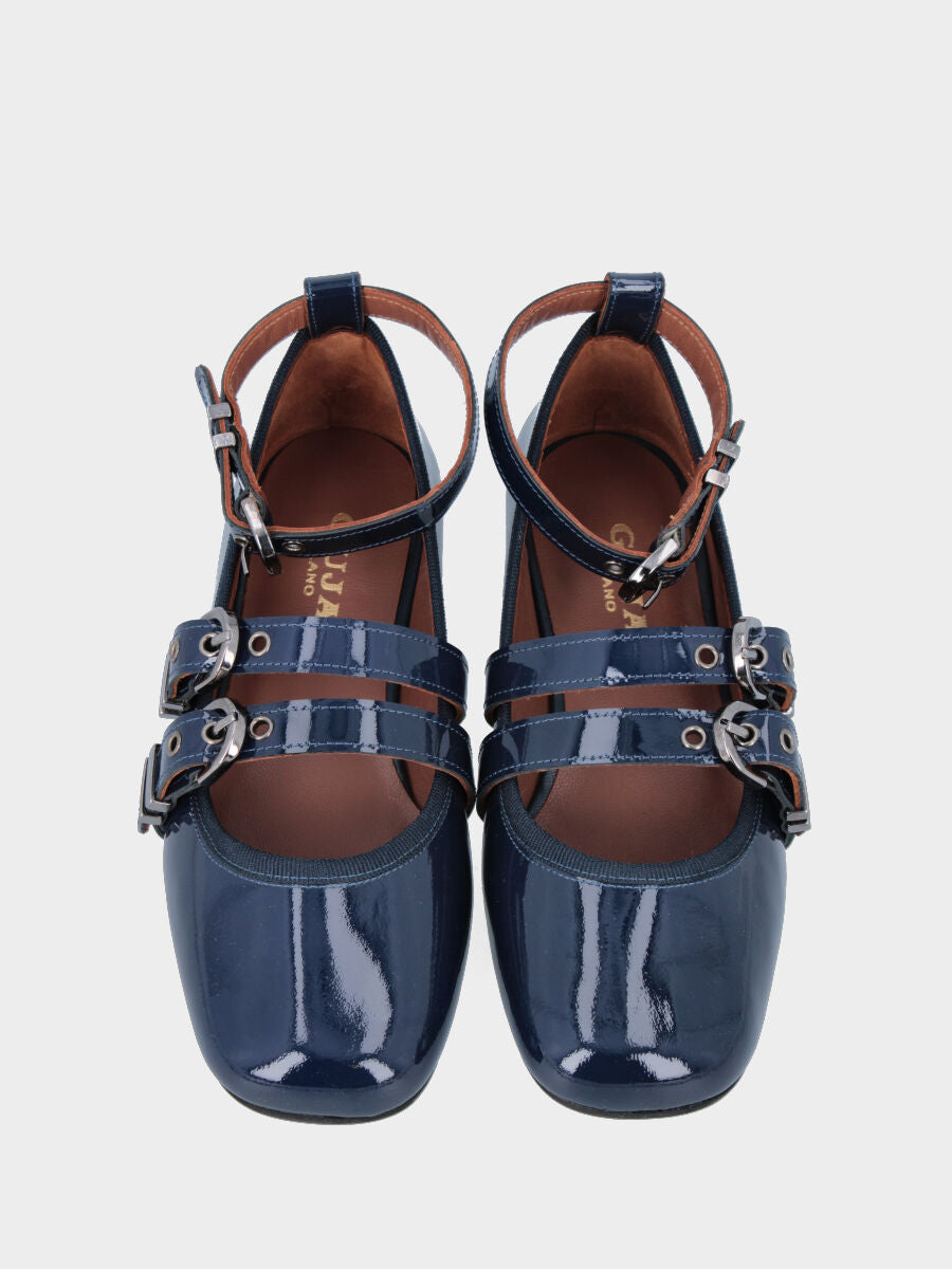 Ballerina in vernice blu con punta quadrata stondata e cinturini