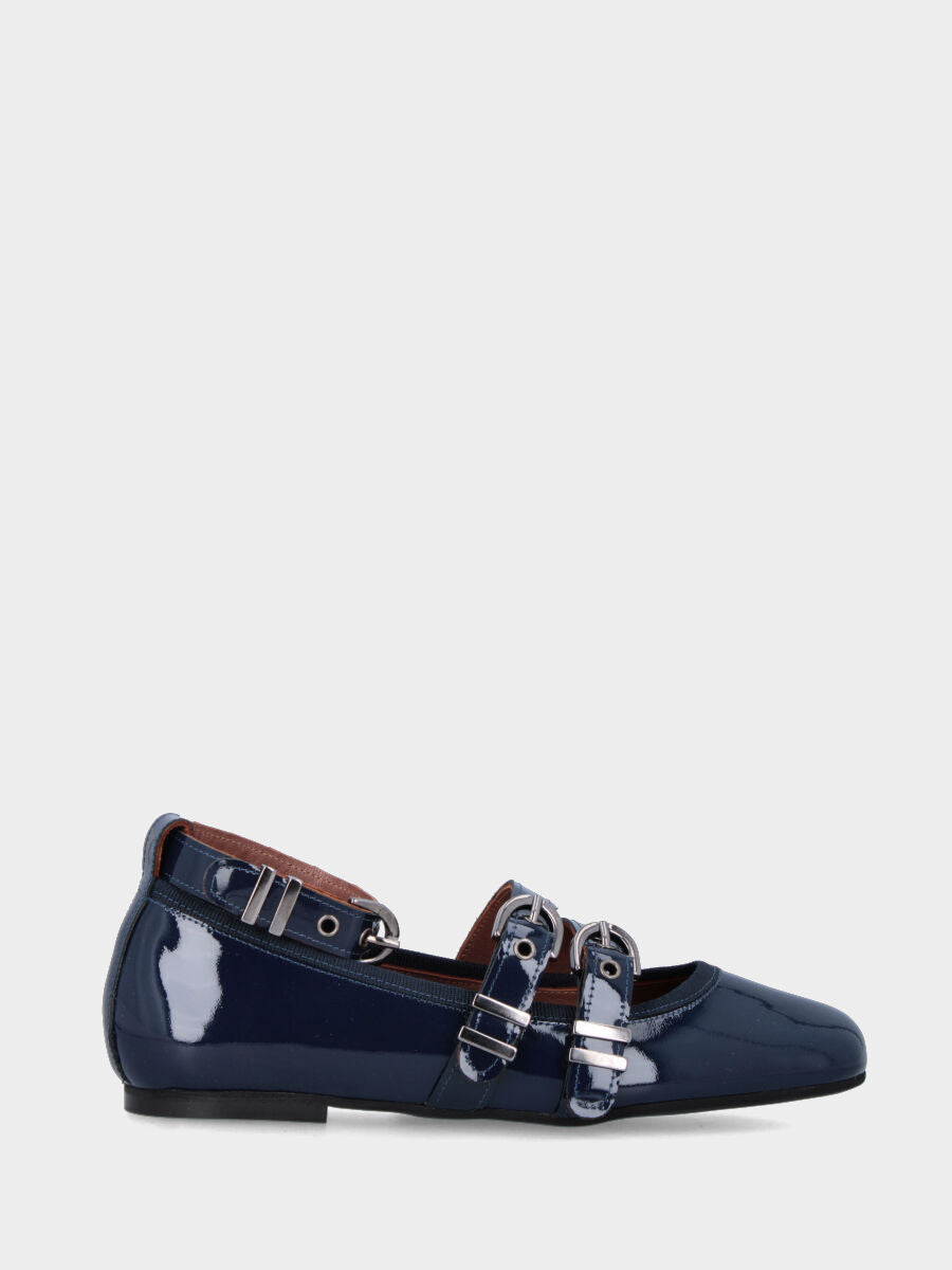 Ballerina in vernice blu con punta quadrata stondata e cinturini