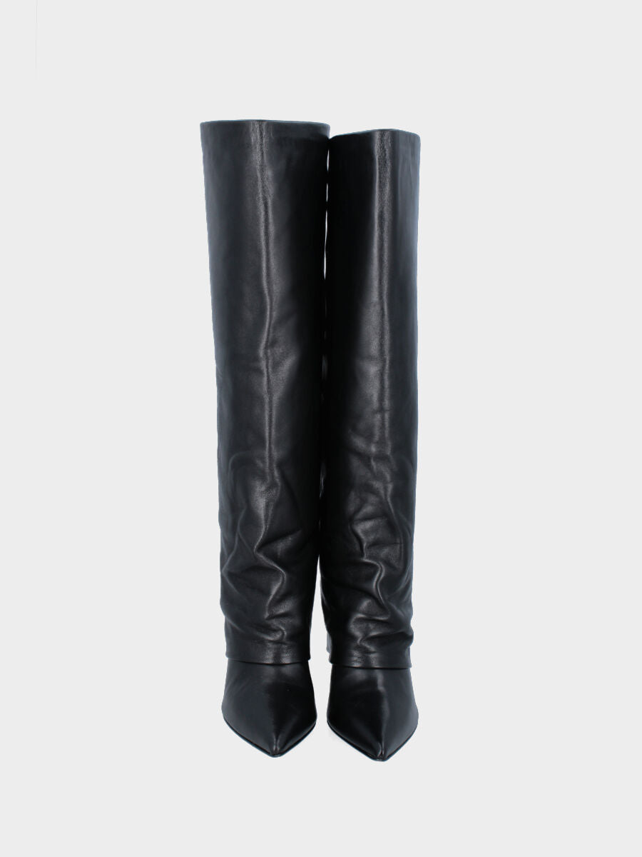 Stiefel mit Keilabsatz aus schwarzem Nappaleder und umgeschlagenem Schaft bis zum Boden