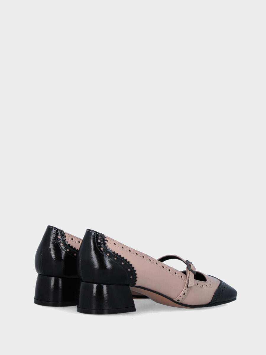 Bicolore Pumps aus glänzendem Samt in Schwarz und Beige mit Riemchen