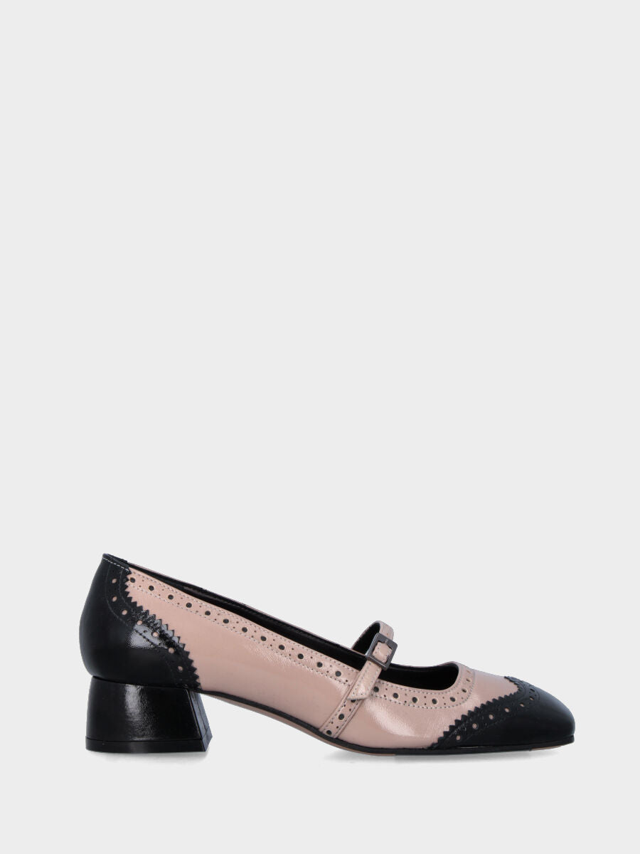 Bicolore Pumps aus glänzendem Samt in Schwarz und Beige mit Riemchen