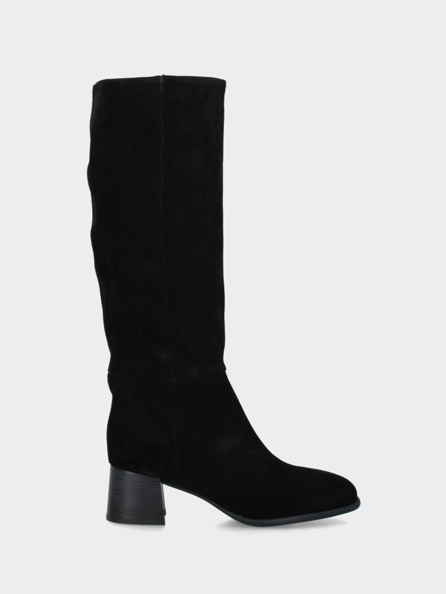 Stivale in velour nero con tacco blocco e cerniera laterale
