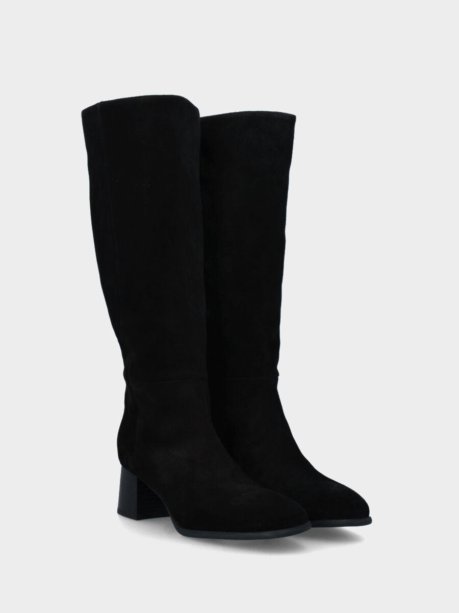 Stivale in velour nero con tacco blocco e cerniera laterale