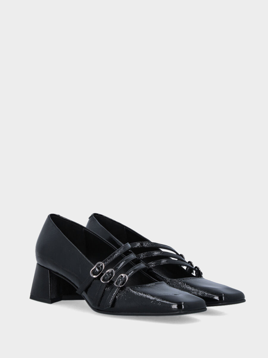 Mary Jane in naplak nera con tre cinturini e tacco largo 50 mm