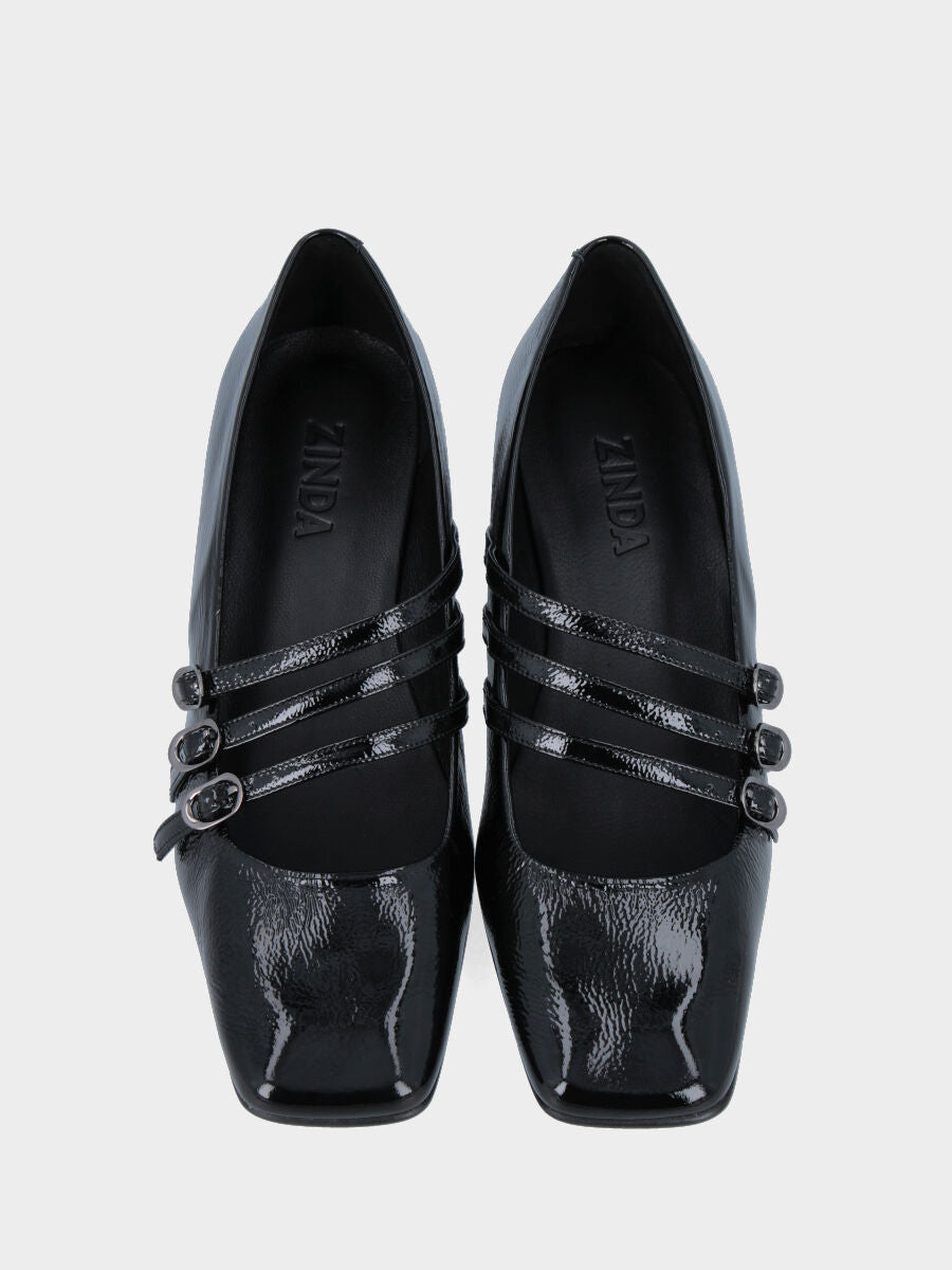 Mary Jane in naplak nera con tre cinturini e tacco largo 50 mm