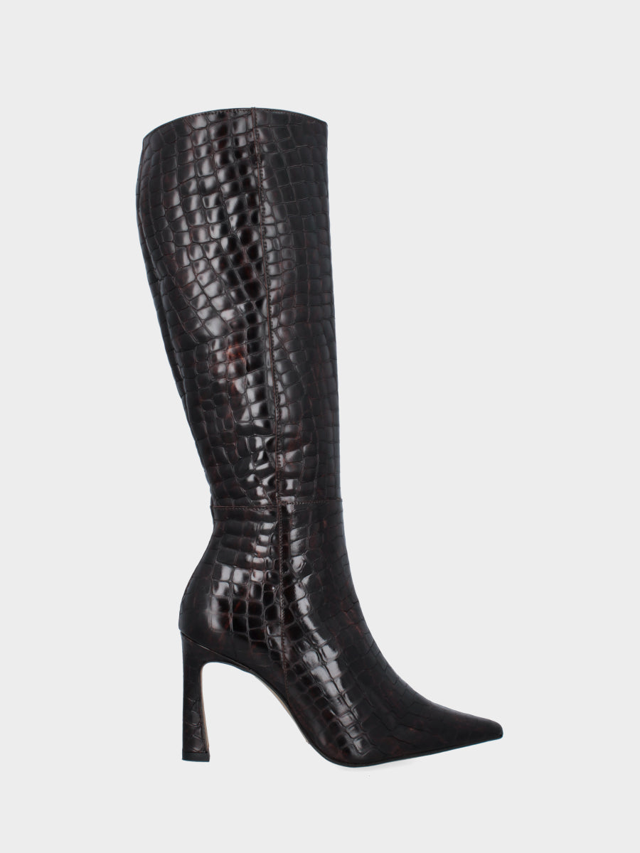 Botte en veau imprimé crocodile marron foncé avec talon aiguille
