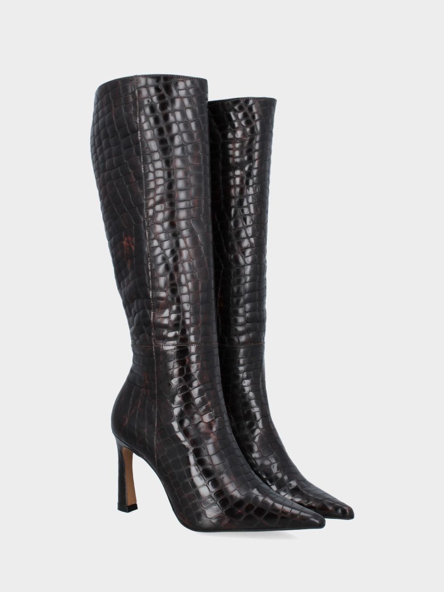 Botte en veau imprimé crocodile marron foncé avec talon aiguille