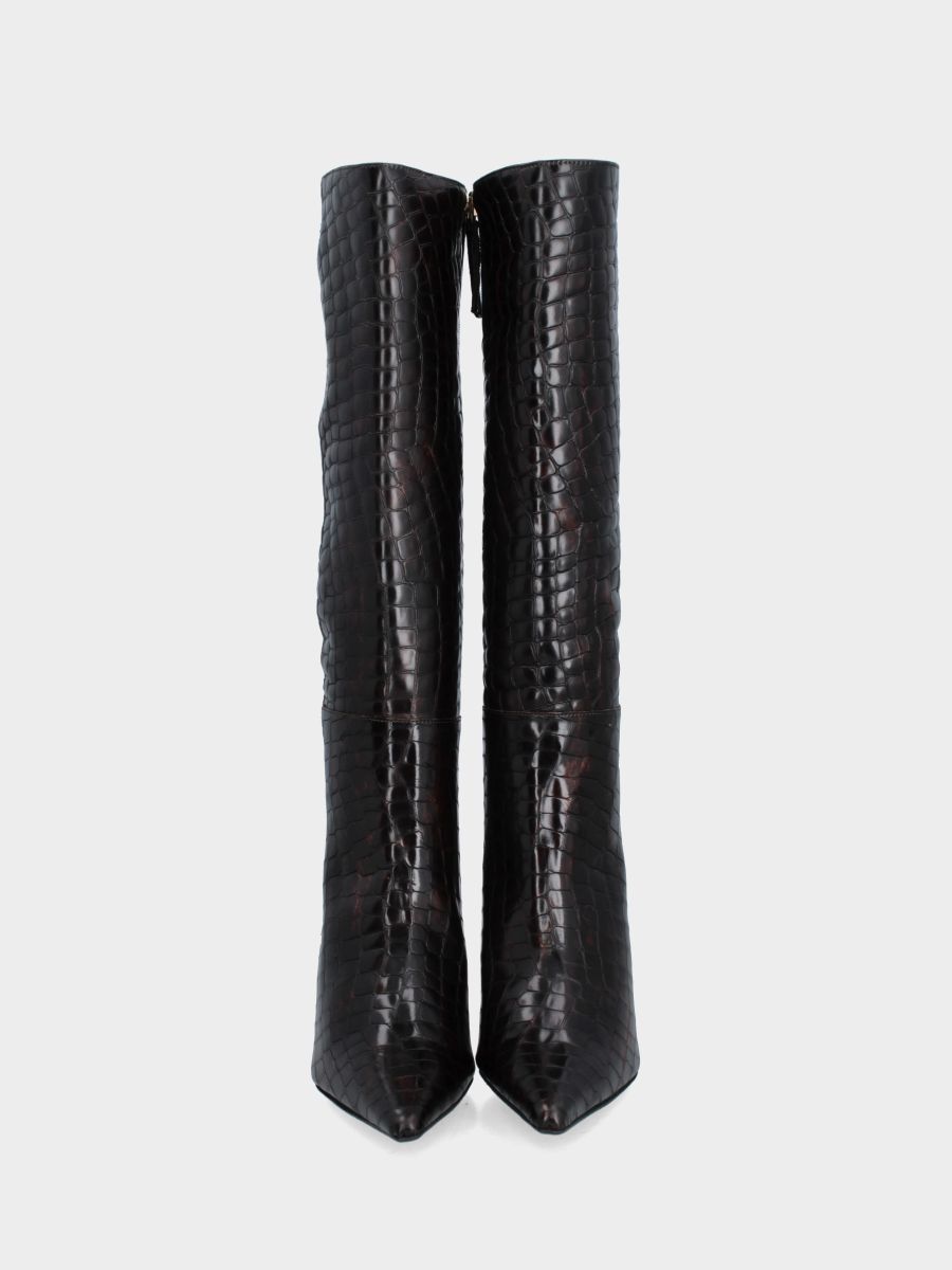 Botte en veau imprimé crocodile marron foncé avec talon aiguille