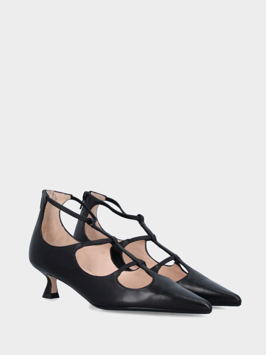 Escarpins en nappa noire avec talon bobine et décolleté ondulé