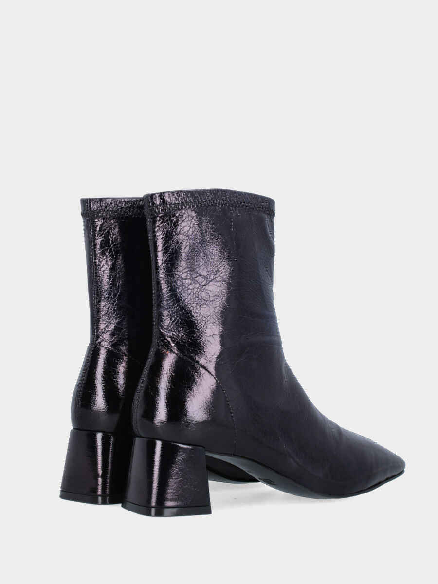 Blue crackled stretch patent leather ankle boot with block heel