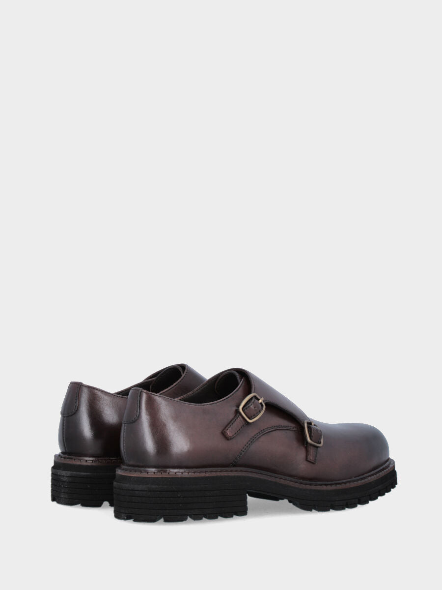 Derby monk strap in vitello testa di moro con doppie fibbie e suola extra light