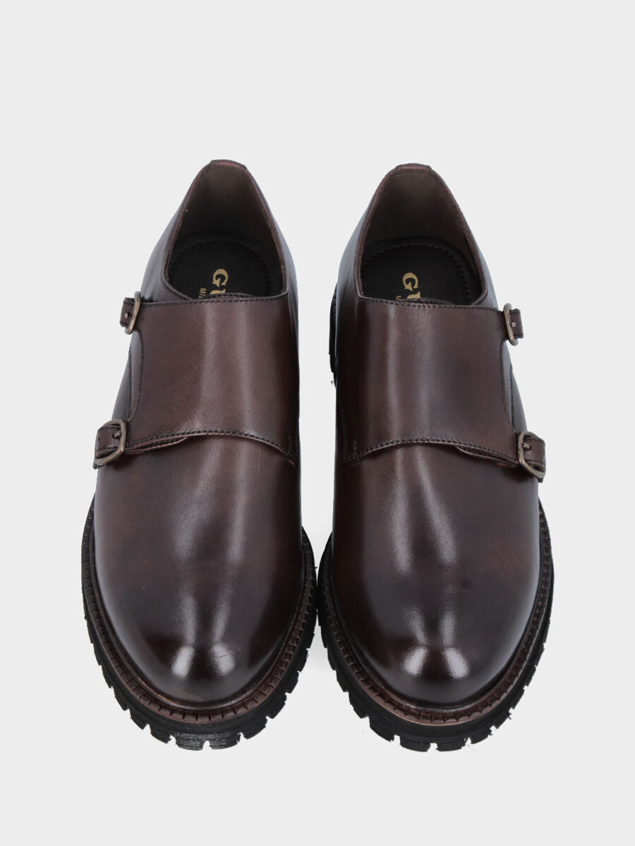 Derby monk strap in vitello testa di moro con doppie fibbie e suola extra light