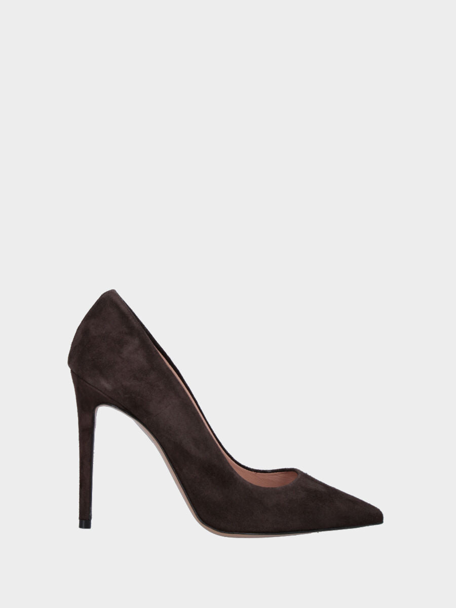 Pumps aus dunkelbraunem Wildleder mit Stiletto-Absatz und spitz zulaufender Spitze