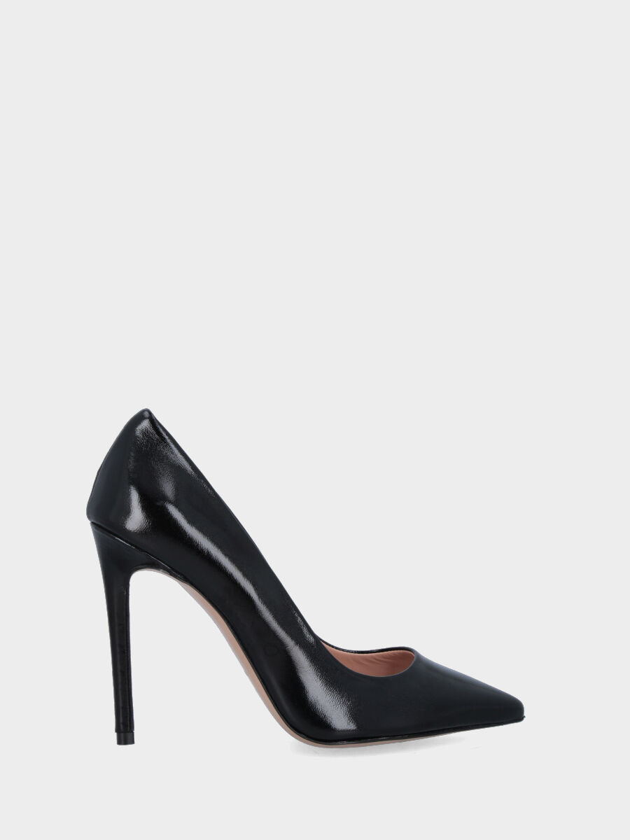 Pumps aus glänzender Samt in Schwarz mit Stiletto-Absatz und spitz zulaufender Spitze