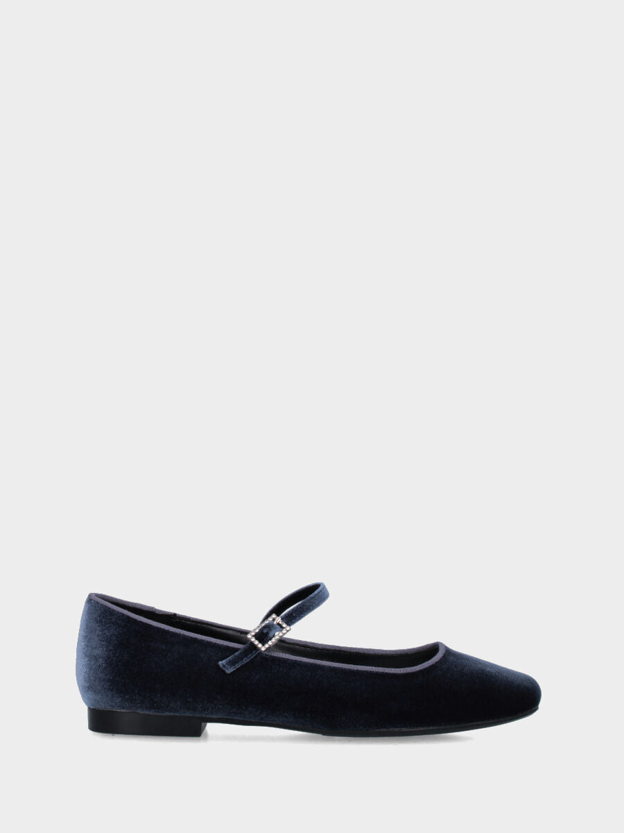 Ballerine Mary Jane en velours indigo avec boucle bijou
