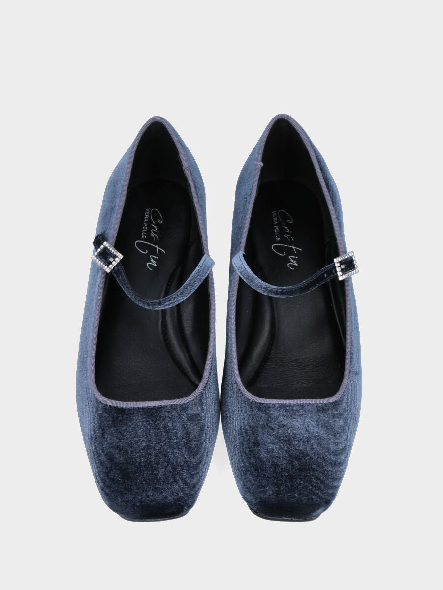 Ballerine Mary Jane en velours indigo avec boucle bijou