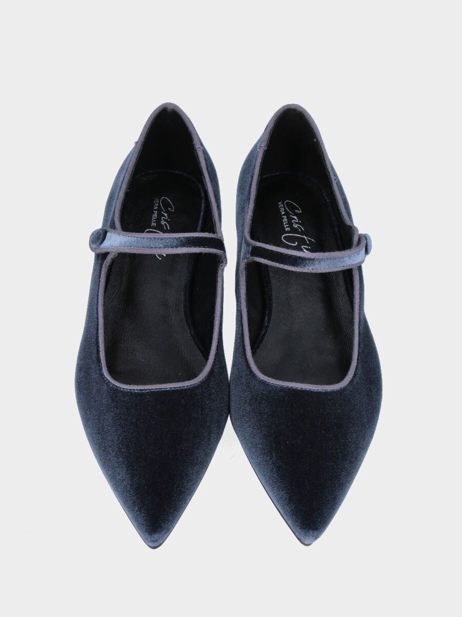 Ballerina Mary Jane in velluto blu con cinturino