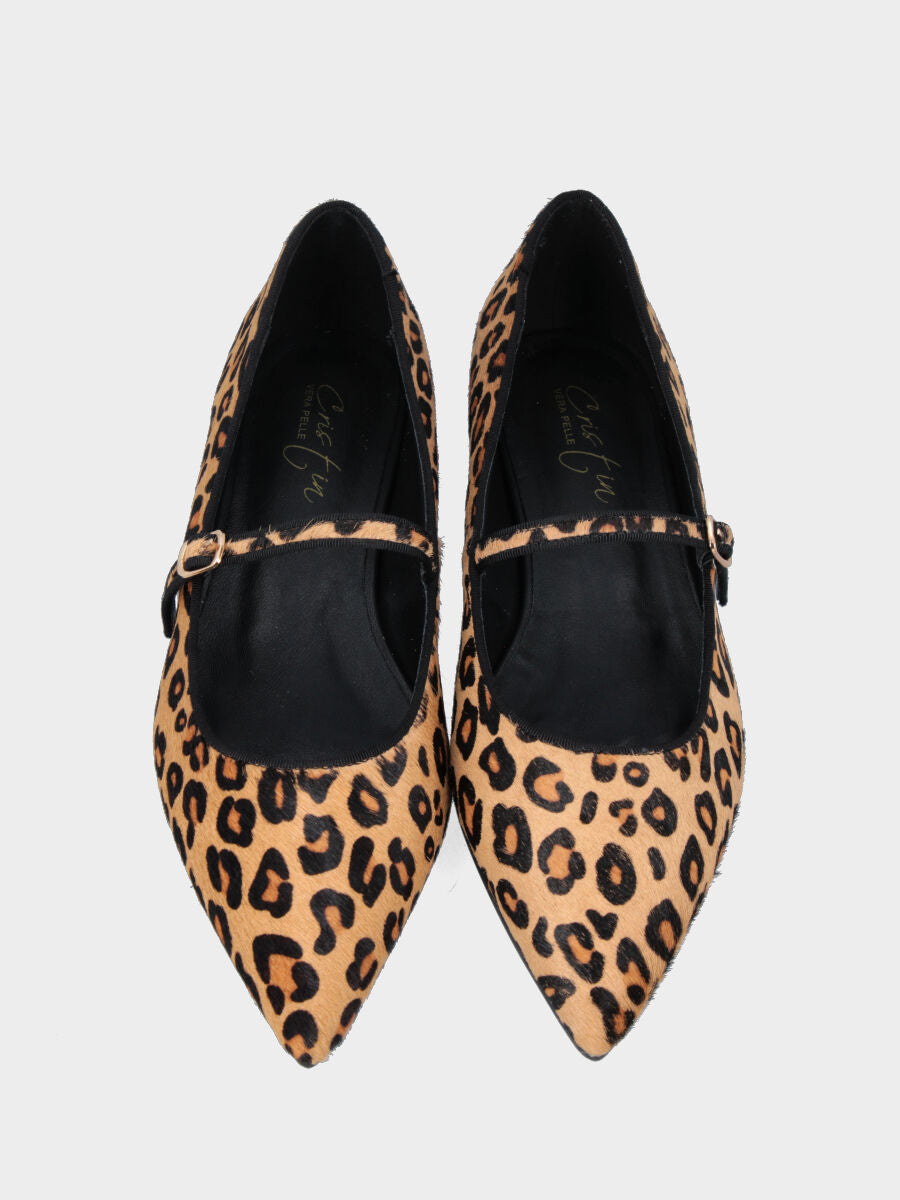 Ballerina Mary Jane in cavallino leopardato con cinturino e punta sfilata