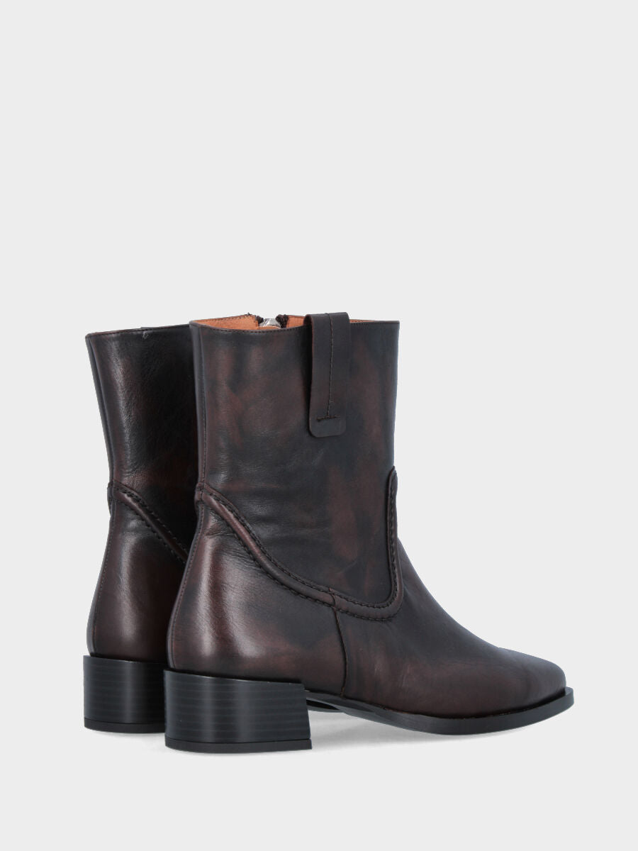 Brown calf leather ankle boot with trim and medium heel