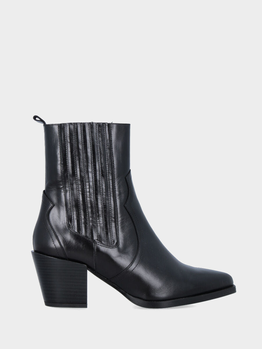 Bottines western en veau noir avec lanières en cuir et élastiques latéraux