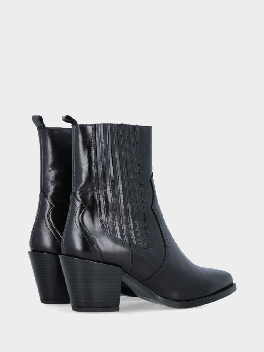 Bottines western en veau noir avec lanières en cuir et élastiques latéraux