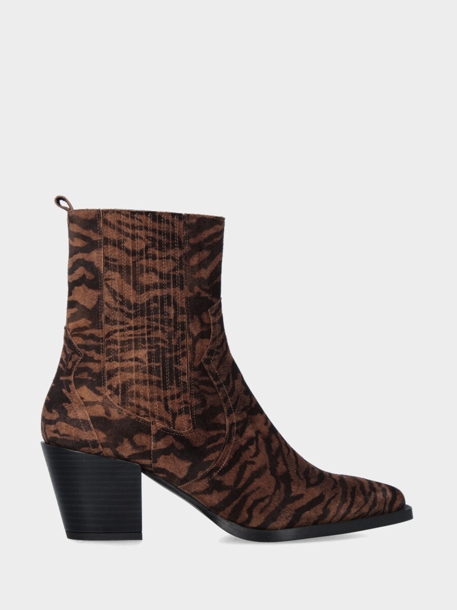 Bottines western en suède zébré avec lanières en cuir et élastiques latéraux