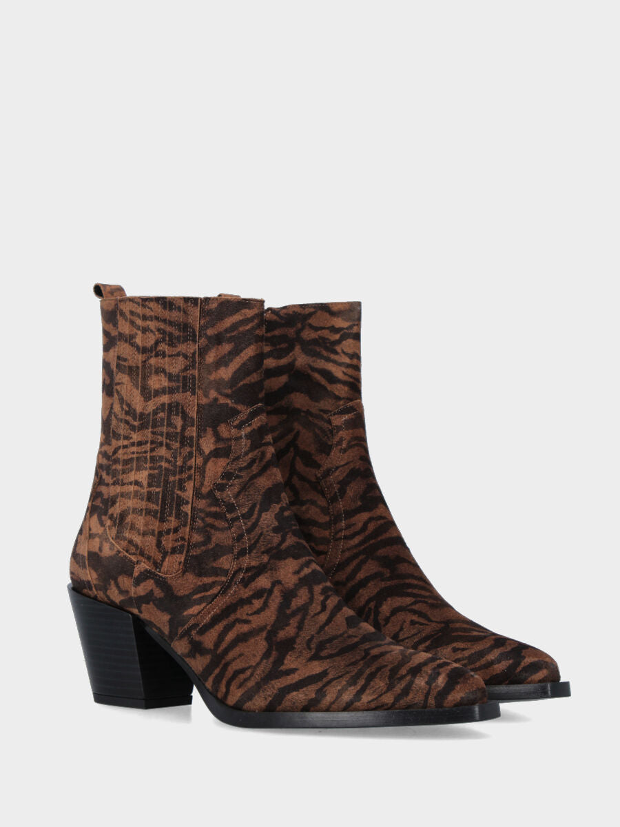 Bottines western en suède zébré avec lanières en cuir et élastiques latéraux