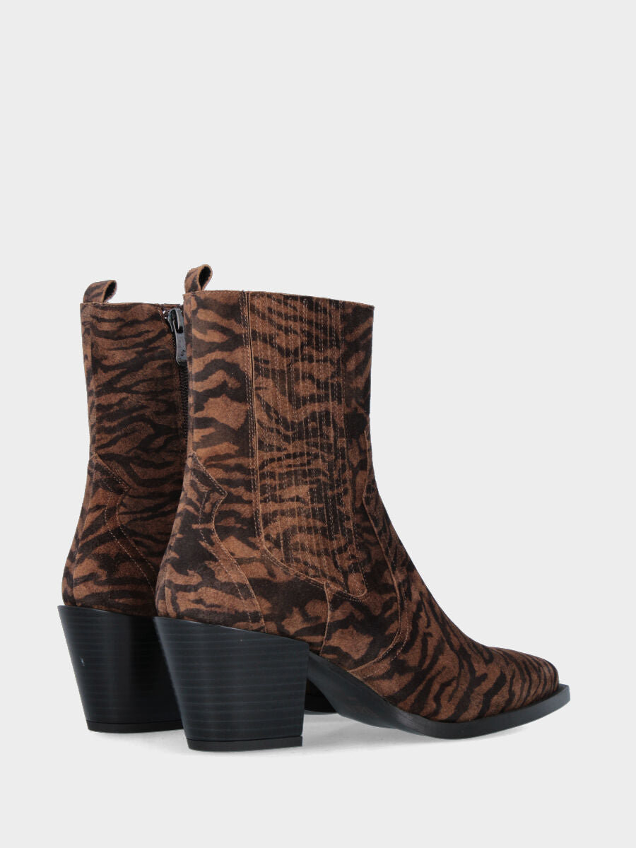 Bottines western en suède zébré avec lanières en cuir et élastiques latéraux